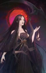 Rule 34 | 1girl, absurdres, arm up, black dress, black hair, breasts, chinese commentary, cleavage, commentary request, dress, empty eyes, evernight goddess, extra arms, halo, hand up, highres, lips, long dress, long hair, looking up, lord of the mysteries, moon, nail polish, night, night sky, red moon, renshengruxi310, scythe, sky, solo, tiara