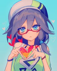Rule 34 | 1girl, blue eyes, blue hair, braised cutlass, casual, closed mouth, fu hua, fu hua (night squire), fu hua (spring traveler), glasses, green shirt, grey hair, hair between eyes, hat, heart, heart hands, highres, honkai (series), honkai impact 3rd, light blue background, long hair, looking at viewer, low-tied long hair, low ponytail, object on head, off-shoulder shirt, off shoulder, official alternate costume, ponytail, shirt, solo, sweat, upper body, white hat