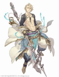 Rule 34 | 1boy, abs, aladdin (sinoalice), anklet, bare pectorals, blonde hair, blue eyes, bridal gauntlets, chain, collarbone, full body, gold, gold trim, hair over one eye, halberd, jewelry, ji no, looking at viewer, male focus, nagatekkou, necklace, nipples, off shoulder, official art, oil lamp, pectorals, pointy footwear, polearm, sash, shoes, shrug (clothing), sinoalice, solo, square enix, waist cape, weapon, white background