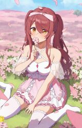 Rule 34 | 1girl, absurdres, bare shoulders, blue sky, blush, cloud, cloudy sky, collarbone, day, dress, falling petals, flower, grass, hair between eyes, hair flower, hair ornament, hair ribbon, highres, holding, holding flower, idolmaster, idolmaster shiny colors, long hair, looking at viewer, no shoes, official alternate costume, official alternate hairstyle, osaki tenka, outdoors, petals, pink dress, pink flower, red hair, ribbon, sitting, sky, solo, swept bangs, thighhighs, twintails, two-tone dress, wanimaru, wariza, wavy hair, white dress, white thighhighs, yellow eyes