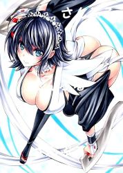 Rule 34 | 1girl, ass, black hair, black leotard, black thighhighs, blade, blue eyes, blush, breasts, butterfly swords, choker, cleavage, closed mouth, collarbone, commentary request, covered erect nipples, hair ornament, hairclip, highleg, highleg leotard, holding, holding weapon, huge ass, iroha (samurai spirits), japanese clothes, large breasts, leaning forward, leotard, lips, long sleeves, looking at viewer, maid, maid headdress, marker (medium), revealing clothes, samurai spirits, short hair, simple background, smile, snk, solo, thighhighs, thong leotard, traditional media, weapon, wide hips, wide sleeves, yqgkg