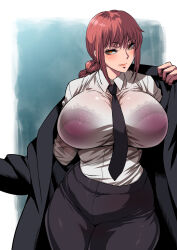 Rule 34 | 1girl, alternate breast size, blush, bra, braid, breasts, brown eyes, chainsaw man, coat, formal, highres, large breasts, long hair, looking at viewer, makima (chainsaw man), musashino sekai, necktie, purple bra, red hair, see-through, smile, solo, suit, underwear