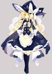 Rule 34 | 1girl, apron, back bow, black bow, black footwear, black hat, black neckwear, black skirt, black vest, blonde hair, boots, bow, braid, cape, commentary request, full body, hair bow, hat, hat bow, highres, kirisame marisa, knee boots, long hair, looking at viewer, nikorashi-ka, shirt, single braid, skirt, solo, striped, striped bow, touhou, vest, waist apron, white bow, white shirt, witch hat, yellow eyes