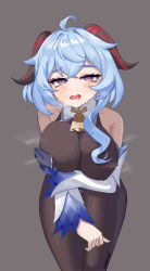 Rule 34 | 1girl, @ @, absurdres, ahoge, artist name, bare shoulders, bell, black legwear, blue gloves, blue hair, blush, bodystocking, bodysuit, breasts, covered erect nipples, covering privates, covering breasts, detached sleeves, ganyu (genshin impact), genshin impact, gloves, grey background, highres, horns, kumari2311, lactation, lactation through clothes, large breasts, long hair, looking at viewer, neck bell, open mouth, purple eyes, saliva, single glove, solo, standing, steaming body, sweat, thigh gap, thighs, very long hair, white sleeves