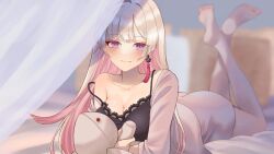 Rule 34 | 1girl, ass, barefoot, black negligee, blonde hair, blurry, blurry background, blush, breasts, cleavage, closed mouth, collarbone, colored inner hair, commission, earrings, holding, holding stuffed toy, jewelry, large breasts, long hair, looking at viewer, lying, makurano neena, mole, mole under mouth, multicolored hair, on stomach, pink hair, pink tassel, production kawaii, purple eyes, shima koushi, single bare shoulder, skeb commission, solo, strap slip, stuffed toy, tassel, tassel earrings, the pose, virtual youtuber