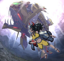 Rule 34 | 1girl, barefoot, black hair, chain, cow horns, crossover, darius (series), darius gaiden, full body, golden ogre, haori, highres, horns, japanese clothes, long sleeves, medium hair, multicolored hair, navel, open mouth, red eyes, red horns, sandals, shorts, smile, solo, split-color hair, syope, touhou, ushizaki urumi, white hair, wide sleeves, yellow shorts