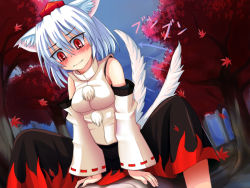 Rule 34 | 1boy, 1girl, animal ears, autumn leaves, bad id, bad pixiv id, bare shoulders, blush, breasts, detached sleeves, forest, girl on top, hat, inubashiri momiji, leaf, looking down, nature, pom pom (clothes), red eyes, shirt, short hair, silver hair, sitting, sitting on person, skirt, tail, tail wagging, tokin hat, touhou, tree, white shirt, wolf ears, wolf tail