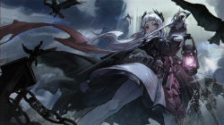 Rule 34 | 1girl, absurdres, ammunition belt, arknights, bird, black dress, cloud, cloudy sky, crow, dress, feet out of frame, grey eyes, grey hair, grey sky, gun, handgun, head wings, highres, holding, holding lantern, holding sword, holding weapon, holstered, irene (arknights), lantern, long hair, long sleeves, looking at viewer, multicolored clothes, multicolored dress, outdoors, overcast, pantyhose, pink dress, r1zen, rain, red pupils, red ribbon, ribbon, sky, solo, sword, v-shaped eyebrows, weapon, white dress, white pantyhose, wind, wings