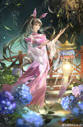 Rule 34 | 1girl, absurdres, animal ears, bare shoulders, blue flower, bridge, brown hair, chi wuan, closed mouth, detached collar, detached sleeves, douluo dalu, dress, dust, fireflies, flower, full body, high heels, highres, holding, holding lantern, lantern, long hair, night, pink dress, ponytail, rabbit ears, second-party source, solo, xiao wu (douluo dalu)