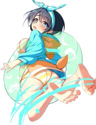 Rule 34 | 1girl, ass, barefoot, bikini, black hair, blue eyes, blue hairband, blush, breasts, eyelashes, feet, foreshortening, from behind, full body, green innertube, hairband, highres, hololive, hood, hood down, hooded jacket, innertube, jacket, large breasts, legs, looking at viewer, looking back, midair, nojikorirakkusu, oozora subaru, oozora subaru (hololive summer 2019), open clothes, open jacket, orange jacket, parted bangs, short hair, simple background, soles, solo, splashing, striped bikini, striped clothes, swim ring, swimsuit, thighs, toes, tongue, tongue out, two-tone bikini, virtual youtuber, water, white background, white bikini, yellow bikini