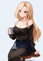 Rule 34 | 1girl, bare shoulders, black pantyhose, black sweater, blonde hair, blue eyes, blue skirt, blush, breasts, cleavage, collarbone, cup, dimos (dawn 1945), highres, holding, holding cup, hornet (kancolle), kantai collection, large breasts, long hair, long sleeves, looking at viewer, mug, off-shoulder sweater, off shoulder, pantyhose, parted lips, pencil skirt, simple background, sitting, skirt, solo, stool, sweater, twitter username