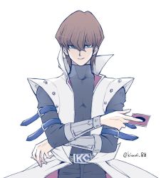 Rule 34 | 1boy, artist name, belt, bracer, brown hair, card, coat, commentary request, covered collarbone, grey eyes, hair between eyes, holding, holding card, kaiba seto, kinui 88, looking at viewer, male focus, open clothes, open coat, popped collar, simple background, smile, solo, turtleneck, watermark, yu-gi-oh!, yu-gi-oh! duel monsters