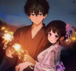 Rule 34 | 1girl, :d, artist logo, black hair, black kimono, bow, breasts, brown hair, chitanda eru, collarbone, flower, from side, green eyes, hair flower, hair ornament, happy, highres, holding, hyouka, japanese clothes, kimono, large breasts, light, long sleeves, mery (yangmalgage), night, open mouth, oreki houtarou, outdoors, pink bow, pink eyes, pink flower, short hair, smile, sweatdrop, upper body, wavy mouth
