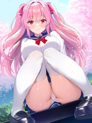 Rule 34 | 1girl, black footwear, blue sailor collar, blue skirt, breasts, cherry blossoms, closed mouth, commentary request, day, hair ribbon, knees together feet apart, knees up, large breasts, long hair, looking at viewer, maki (seventh heaven maxion), miniskirt, original, outdoors, panties, pantyshot, pink hair, pleated skirt, red eyes, red ribbon, ribbon, sailor collar, school uniform, serafuku, shirt, sitting, skirt, smile, solo, thighhighs, two side up, underwear, white panties, white shirt, white thighhighs
