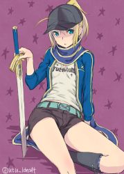 Rule 34 | 1girl, ahoge, artoria pendragon (fate), baseball cap, blonde hair, blue scarf, blush, boots, excalibur (fate/stay night), fate (series), green eyes, hat, jacket, looking at viewer, mysterious heroine x (fate), ponytail, rojiura satsuki : chapter heroine sanctuary, saber (fate), scarf, shorts, sitting, solo, sword, track jacket, type-moon, utu (ldnsft), weapon