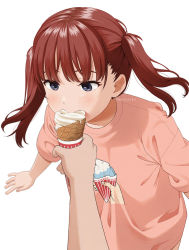 Rule 34 | 1girl, 1other, artist name, blue eyes, brown hair, eating, feeding, food, holding, holding food, ice cream, ice cream cone, mattaku mousuke, medium hair, original, pov, solo focus, twintails, upper body, watermark, white background