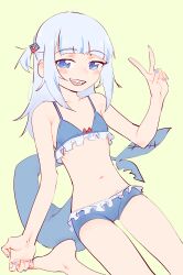 Rule 34 | 1girl, absurdres, bare legs, bare shoulders, barefoot, bikini, blue bikini, blue eyes, blue nails, eds, fins, fish tail, gawr gura, highres, hololive, hololive english, looking at viewer, navel, sharp teeth, simple background, solo, stomach, swimsuit, tail, teeth, virtual youtuber