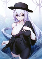 Rule 34 | 1girl, areola slip, black dress, black hat, breasts, closed mouth, collarbone, commission, covered navel, cowboy shot, dress, expressionless, faicha, grey hair, hair ornament, hand on own chest, hat, highres, large breasts, long hair, long sleeves, looking at viewer, off shoulder, original, purple eyes, solo, very long hair, wading, water, wide sleeves, x hair ornament