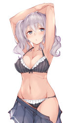 Rule 34 | 1girl, :o, arm grab, armpits, arms up, black bra, black panties, blue eyes, blush, bra, breasts, cleavage, clothes pull, collarbone, cowboy shot, fumikiri, highres, kantai collection, kashima (kancolle), looking at viewer, medium breasts, navel, panties, parted lips, pleated skirt, silver hair, simple background, skindentation, skirt, skirt pull, solo, stomach, striped bra, striped clothes, striped panties, twintails, underwear, white background