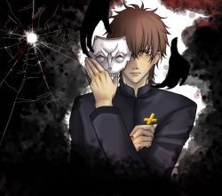 Rule 34 | 1boy, broken glass, brown eyes, brown hair, bullet hole, cross, cross necklace, fate/zero, fate (series), glass, jewelry, kotomine kirei, male focus, mask, necklace, yukako (crazy for dante)