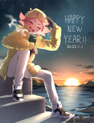 Rule 34 | 1girl, amanda o&#039;neill, arikindows10, blonde hair, blush, cloud, commentary request, dated, closed eyes, full body, green scarf, hand up, happy new year, highres, jacket, little witch academia, multicolored hair, new year, ocean, open clothes, open jacket, open mouth, outdoors, pants, pink hair, salute, scarf, shoes, short hair, sitting, sky, smile, solo, star (sky), starry sky, steam, sunset, teeth, twitter username, two-tone hair, upper teeth only, white footwear, white pants, yellow jacket