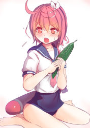 Rule 34 | 10s, 1girl, :d, bare legs, barefoot, bitter melon, blush, culter, hair ornament, highres, i-58 (kancolle), kantai collection, name connection, object namesake, one-piece swimsuit, open mouth, school swimsuit, school uniform, serafuku, short hair, simple background, sitting, skirt, smile, solo, swimsuit, torpedo, type 95 torpedo, wariza, white background