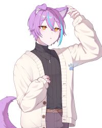 Rule 34 | 1boy, absurdres, animal ears, arm up, belt, black sweater, blush, brown belt, brown cardigan, cardigan, cat boy, cat ears, cat tail, crossed bangs, hair between eyes, hand on own ear, highres, jewelry, kamishiro rui, male focus, multicolored hair, necklace, pants, parted lips, project sekai, purple hair, short hair, simple background, sleeves past wrists, streaked hair, sweater, sweater tucked in, tail, upper body, white background, yamggu, yellow eyes