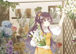 Rule 34 | 1girl, absurdres, apron, blue flower, commentary, florist, flower, flower shop, hair ribbon, hand up, highres, holding, holding flower, hydrangea, indoors, leaf, lily (flower), long hair, looking at viewer, mo qingxian, parted lips, plant, potted plant, purple eyes, purple flower, purple hair, red flower, ribbon, shelf, shirt, shop, solo, standing, sunflower, symbol-only commentary, upper body, very long hair, vocaloid, vsinger, white flower, white shirt, yellow apron, yellow ribbon, yue yuan (1234qwea)
