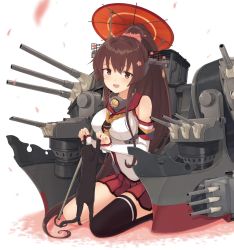 Rule 34 | 1girl, bad id, bad twitter id, black cat, black thighhighs, brown hair, cannon, cat, cherry blossoms, commentary request, detached sleeves, engiyoshi, flower, full body, hair flower, hair ornament, headgear, highres, kantai collection, long hair, machinery, oil-paper umbrella, petals, pleated skirt, ponytail, red skirt, red umbrella, seiza, single thighhigh, sitting, skirt, solo, thighhighs, turret, umbrella, white background, yamato (kancolle)