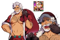 Rule 34 | 1boy, absurdres, arm hair, bara, bare pectorals, beard, blue eyes, chest hair, collage, cookie run, eggnog cookie, facial hair, finger in own mouth, fur-trimmed jacket, fur trim, gift bag, groin, hairy, highres, holmy (holmesdmode), jacket, large pectorals, male focus, mature male, muscular, muscular male, mustache, navel, nipples, old, old man, one eye closed, open clothes, open jacket, pants, pectorals, red jacket, red pants, reference inset, santa costume, short hair, stomach, sweatdrop, thick eyebrows, tongue, tongue out, upper body, white hair, wrinkled skin