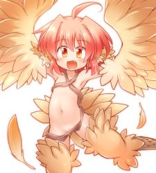 Rule 34 | 1girl, :d, ahoge, animal ears, armpits, arms up, convenient censoring, fang, feathered wings, feathers, flat chest, hair intakes, happy, harpy, kso, looking at viewer, monster girl, navel, open mouth, orange eyes, original, pink hair, short hair, simple background, smile, solo, stomach, tail, white background, winged arms, wings