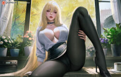 Rule 34 | 1girl, artist name, azur lane, black choker, black footwear, black pantyhose, black skirt, blonde hair, breasts, building, cameltoe, choker, city, cleavage, coffee, collarbone, collared shirt, cup, curtains, day, desk, flower, hair between eyes, high-waist skirt, high heels, implacable (azur lane), implacable (shepherd of the &quot;lost&quot;) (azur lane), indoors, large breasts, lips, long hair, long sleeves, looking at viewer, nail polish, no bra, office lady, official alternate costume, on desk, open clothes, open shirt, panties, panties under pantyhose, pantyhose, parted lips, partially unbuttoned, patreon logo, patreon username, pencil skirt, plant, potted plant, red eyes, red lips, shirt, shirt tucked in, sitting, skirt, solo, spread legs, table, teacher, thighs, tree, turewindwalker, underwear, very long hair, white panties, white shirt, window