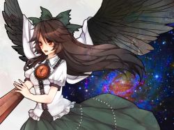 Rule 34 | 1girl, arm cannon, bad id, bad pixiv id, black hair, black wings, bow, cape, face, female focus, hair bow, large wings, long hair, red eyes, reiuji utsuho, solo, space, tomoe (itigo), touhou, weapon, wings