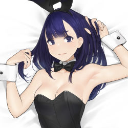 Rule 34 | 1girl, animal ears, armpits, bare shoulders, black bow, black bowtie, black leotard, blue eyes, blue hair, blush, bow, bowtie, breasts, cleavage, detached collar, fake animal ears, hands up, highres, leotard, long hair, looking at viewer, lying, medium breasts, miru tights, mole, mole on breast, mole on shoulder, mole under eye, nakabeni yua, on back, playboy bunny, rabbit ears, skindentation, smile, solo, strapless, strapless leotard, wrist cuffs, yomu (sgt epper)