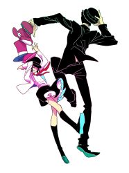 Rule 34 | 10s, 1boy, 1girl, aged down, bowler hat, couple, dancing, formal, hand on headwear, happy, hat, hetero, highres, jake martinez, kriem, mov, necktie, simple background, skirt, smile, suit, tiger &amp; bunny, top hat