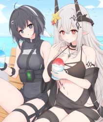 Rule 34 | 2girls, :o, ahoge, arknights, beach, bench, bikini, black bikini, black eyes, black hair, black ribbon, black shirt, black shorts, blue sky, blush, breasts, cleavage, cloud, commentary, commission, cup, demon horns, disposable cup, eating, flower, food, grey hair, hair flower, hair intakes, hair ornament, hairband, highres, holding, holding cup, horns, infection monitor (arknights), jewelry, la pluma (arknights), large breasts, long hair, looking at viewer, material growth, mudrock (arknights), mudrock (obsidian) (arknights), multiple girls, navel, necklace, official alternate costume, oripathy lesion (arknights), outdoors, pointy ears, red eyes, red flower, ribbon, risshu, see-through, shaved ice, shirt, short shorts, shorts, sitting, skeb commission, sky, sleeveless, sleeveless shirt, small breasts, sparkle, stomach, swimsuit, thigh strap, thighs, utensil in mouth, very long hair, water, white hairband, yellow flower