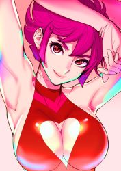 Rule 34 | 1girl, armpits, arms up, breasts, cleavage, cleavage cutout, clothing cutout, cutie honey, cutie honey (character), dytm, hair between eyes, heart cutout, highres, large breasts, magical girl, pink background, pink hair, red eyes, red hair, simple background, solo, tagme