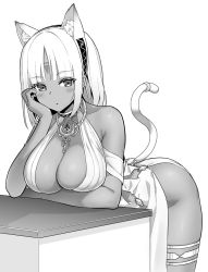 Rule 34 | 1girl, animal ears, azur lane, bent over, blush, breast hold, breasts, cat ears, cat tail, cheek rest, cleavage, cocktail dress, dark-skinned female, dark skin, dress, evening gown, facial mark, fake animal ears, fake tail, female focus, forehead mark, greyscale, halter dress, halterneck, hand on own cheek, hand on own face, hori (hori no su), large breasts, long hair, looking at viewer, massachusetts (azur lane), massachusetts (dressed to impress) (azur lane), monochrome, simple background, solo, table, tail, white background