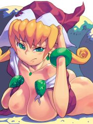 Rule 34 | 1girl, aqua eyes, ass, bad id, bad pixiv id, blonde hair, bottomless, bracelet, breast press, breasts, broken gem, cleavage, curly hair, earrings, female focus, gem, green eyes, hat, highres, jewelry, large breasts, metata, necklace, sad, sandra (sandra witch), sandra witch, sandra witch (character), short hair, solo, witch
