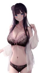Rule 34 | 1girl, bare shoulders, black hair, blue eyes, bra, breasts, cleavage, hair bun, highres, inaka 44, large breasts, looking at viewer, navel, original, panties, partially undressed, playing with own hair, see-through, see-through shirt, simple background, single hair bun, skinny, solo, thighs, underwear, unfinished, white background