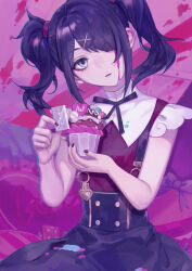 Rule 34 | 1girl, ame-chan (needy girl overdose), anmaki, black hair, black nails, black ribbon, black skirt, bleeding from forehead, blister pack, blood, blood splatter, collared shirt, cupcake, expressionless, food, hair ornament, hair over one eye, hair tie, hairclip, hands up, head tilt, heart, heart-shaped pillow, highres, holding, holding food, holding razor, long hair, looking at viewer, multicolored nails, nail polish, neck ribbon, needy girl overdose, parted lips, pillow, pink background, pink blood, purple eyes, razor blade, red nails, red shirt, ribbon, shirt, shirt tucked in, sitting, skirt, solo, suspender skirt, suspenders, twintails, x hair ornament