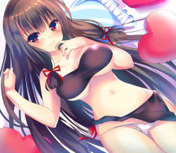 Rule 34 | 10s, 1girl, alternate costume, bad id, bad pixiv id, bandeau, black hair, black skirt, bow, breasts, clothes lift, collarbone, eyebrows, female focus, finger to face, frilled pillow, frills, hair ornament, hair ribbon, heart, heart-shaped pillow, isokaze (kancolle), kantai collection, large breasts, long hair, looking at viewer, lying, midriff, mkj49, navel, on back, on bed, panties, panty pull, pillow, red bow, red eyes, red ribbon, ribbon, side slit, sidelocks, skirt, skirt lift, solo, stomach, strapless, thigh gap, tress ribbon, tube top, underboob, underwear, very long hair, white panties