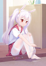 Rule 34 | 1girl, alternate costume, animal ears, artist name, azur lane, chinese commentary, collarbone, dated, expressionless, fake animal ears, feet, highres, jitome, laffey (azur lane), light purple hair, long hair, no shoes, pantyhose, pleated skirt, rabbit ears, red eyes, red sailor collar, red skirt, sailor collar, school uniform, see-through, see-through legwear, serafuku, shirt, sitting, skirt, soles, solo, thighband pantyhose, thighs, toes, twintails, wet, wet clothes, wet legwear, white pantyhose, white shirt, xiao shi lullaby