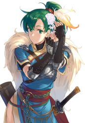 Rule 34 | 1girl, armor, belt, blue dress, breastplate, breasts, brown gloves, closed mouth, dress, elbow gloves, feather hair ornament, feathers, fingerless gloves, fire emblem, fire emblem: the blazing blade, fire emblem heroes, gloves, gold trim, green eyes, green hair, hair ornament, high ponytail, hip focus, ichikei, long hair, lyn (fire emblem), nintendo, pauldrons, pelvic curtain, ponytail, quiver, rope, sash, sheath, shoulder armor, side slit, simple background, single pauldron, solo, standing, sword, weapon, white background, yomo (majidon)