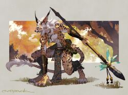 Rule 34 | 1boy, animal ears, arm guards, artist name, blue eyes, body fur, cat boy, cat ears, cat tail, claws, commentary, digitigrade, ear piercing, from side, full body, fur-tipped tail, furry, furry male, highres, holding, holding polearm, holding weapon, horn (instrument), insect wings, jewelry, loincloth, looking ahead, male focus, medium hair, murayama ryota, necklace, orange fur, original, outdoors, pelvic curtain, piercing, polearm, pouch, signature, solo, spear, spots, squatting, tail, toned, toned male, topless male, tree, weapon, white hair, wings
