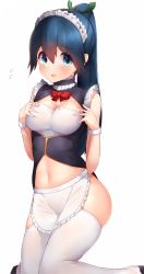 Rule 34 | 10s, 1girl, alternate costume, apron, bare shoulders, blue eyes, blue hair, boruhis, breasts, cleavage cutout, clothing cutout, embarrassed, enmaided, flying sweatdrops, hair between eyes, hands on own chest, houshou (kancolle), kantai collection, kneeling, looking at viewer, maid, maid headdress, matching hair/eyes, medium breasts, navel, navel cutout, no panties, ponytail, skindentation, sleeveless, solo, thighhighs, waist apron, white thighhighs, wrist cuffs