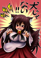 Rule 34 | 1girl, animal ear fluff, animal ears, arms up, breasts, brooch, brown hair, claw pose, cowboy shot, dress, emphasis lines, fingernails, furrowed brow, hair between eyes, hidefu kitayan, imaizumi kagerou, jewelry, large breasts, layered dress, leaning to the side, long hair, long sleeves, looking at viewer, nail polish, open mouth, red background, red eyes, red nails, sharp fingernails, shawl, solo, standing, tail, teeth, touhou, two-tone background, upper teeth only, very long hair, wolf ears, wolf tail, yellow background