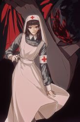 Rule 34 | 1girl, amikoiiko, armband, black background, closed mouth, collared shirt, commentary, cross, dress, fear &amp; hunger, fear &amp; hunger 2: termina, feet out of frame, highres, holding, holding syringe, long sleeves, looking at viewer, marina (fear &amp; hunger), medical scrubs, mouth piercing, nurse, red cross, shirt, solo, standing, syringe, white armband, white dress, white veil