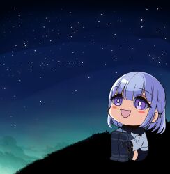 Rule 34 | 1girl, black shorts, blush stickers, chibi, commentary request, formal, full body, girls&#039; frontline, grey suit, hair between eyes, highres, long sleeves, night, night sky, outdoors, purple eyes, purple hair, rpk-16 (girls&#039; frontline), short hair, shorts, sitting, sky, solo, sorayan 03, star (sky), starry sky, suit