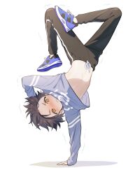 Rule 34 | 1boy, absurdres, bishounen, black hair, black pants, blush, brown eyes, commentary request, frown, handstand, highres, looking at viewer, male focus, navel, one arm handstand, original, pants, pillow (nutsfool), purple shirt, shirt, shoes, simple background, sleeves past wrists, sneakers, solo, sweat, track pants, trembling, upside-down, white background